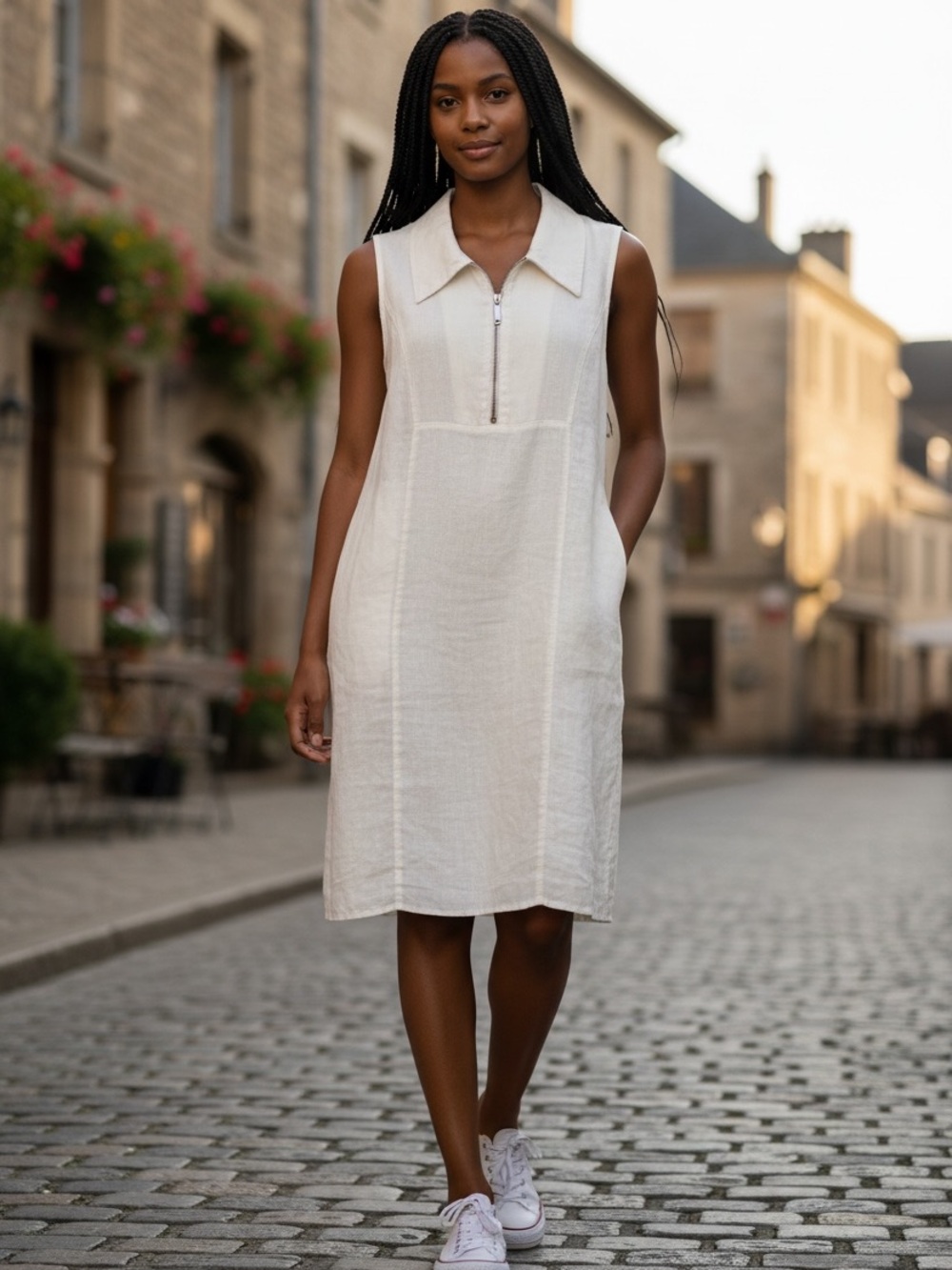 LUNGO LARNO 100% Italian Linen Sleeveless HalfZip Dress Sz Large see measurement
